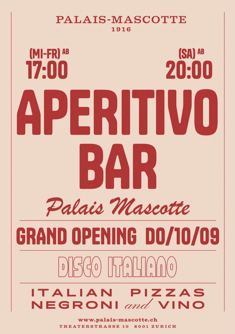 Aperitivo Bar — Grand Opening DO 10.09 · Disco Italiano · Italian Pizzas, Negroni and Vino